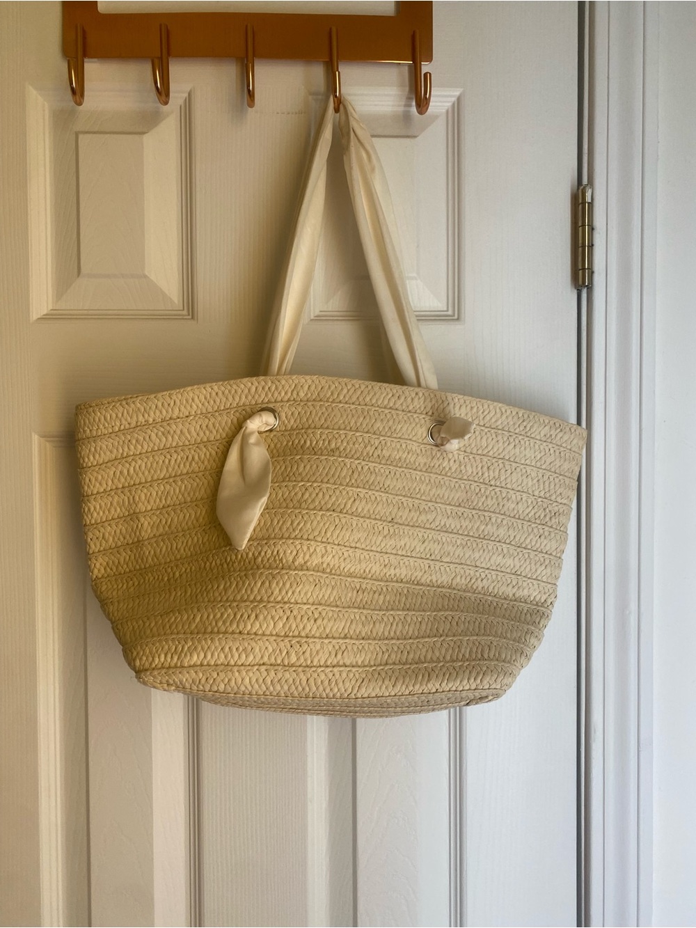 Cream Woven Straw Tote Bag with Ribbon Handles